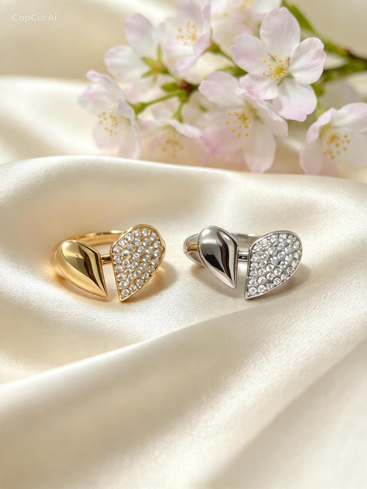 Anello Regolabile "Twin Flame" in Acciaio con Doppia Metà Cuore e Strass