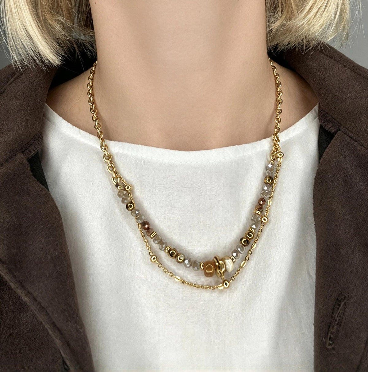 Collana Multifilo "Amber Glow" – Acciaio Inossidabile e Cristalli Sfaccettati