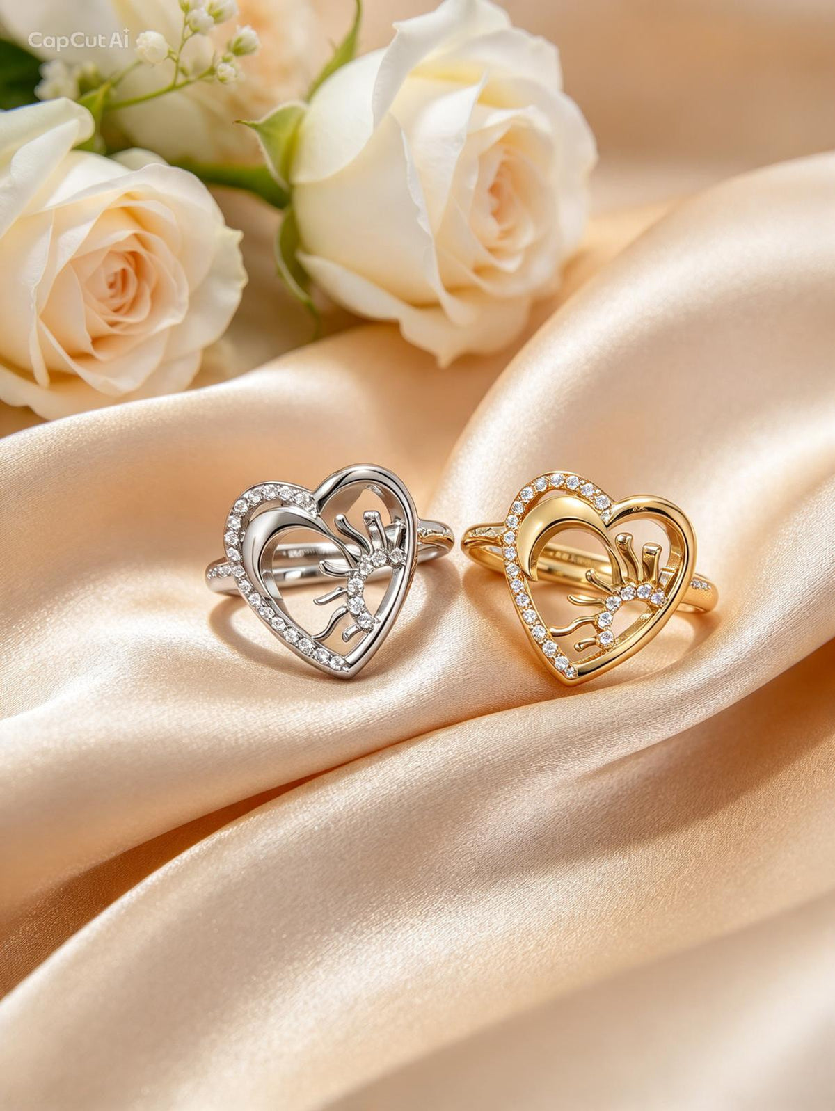Anello Regolabile "Cosmic Heart" in Acciaio con Sole, Luna e Strass