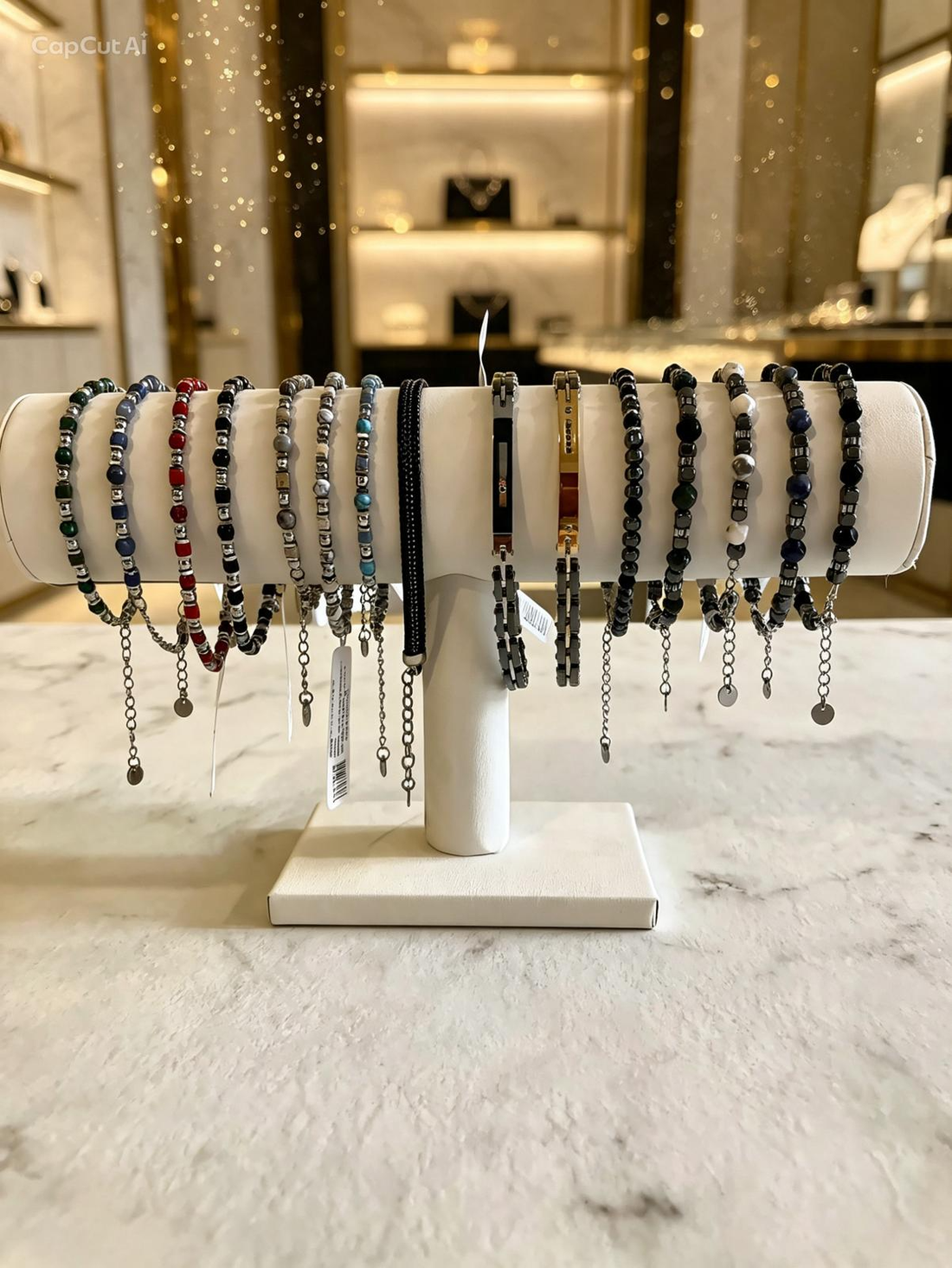 Espositore con bracciali da uomo in pietre nere e grigie con dettagli in acciaio