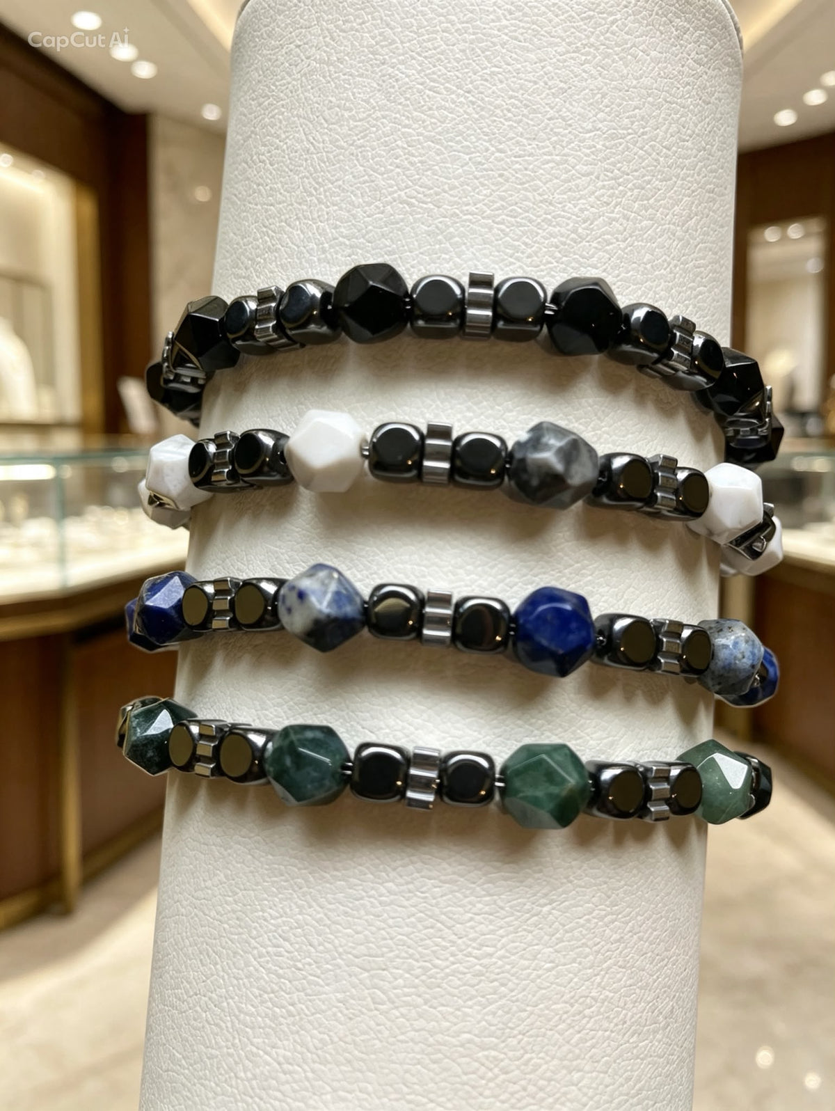 Bracciale Uomo  "Krypton" – Acciaio, Ematite e Pietre Naturali Sfaccettate