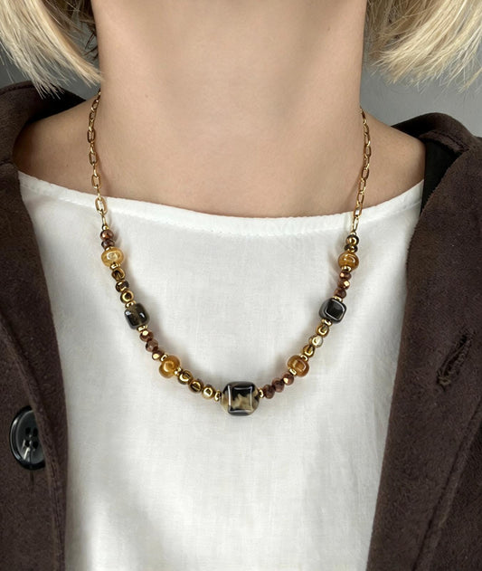 Collana "Amber Cubes" in Acciaio Inossidabile e Perle Tartarugate