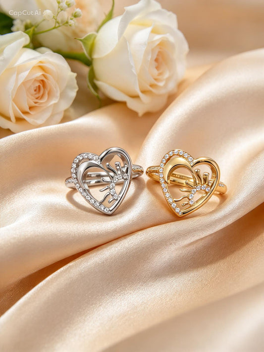 Anello Regolabile "Cosmic Heart" in Acciaio con Sole, Luna e Strass