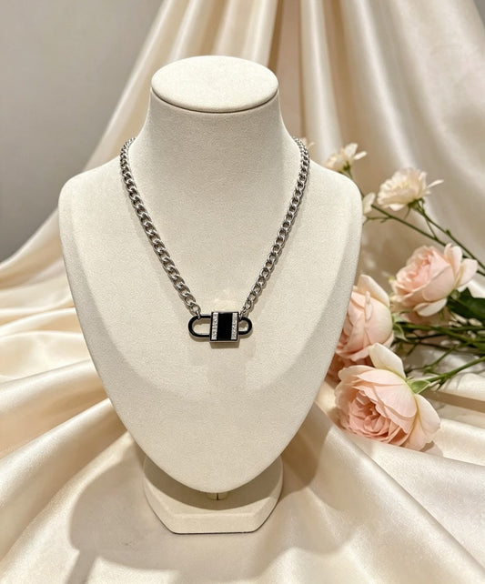 Collana Geometrica Crystal Mirror in Acciaio Regolabile - Catena Grumetta con Ciondolo Lucido e Strass